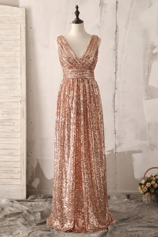 simply gold sequin v neck sleeveless long bridesmaid gown