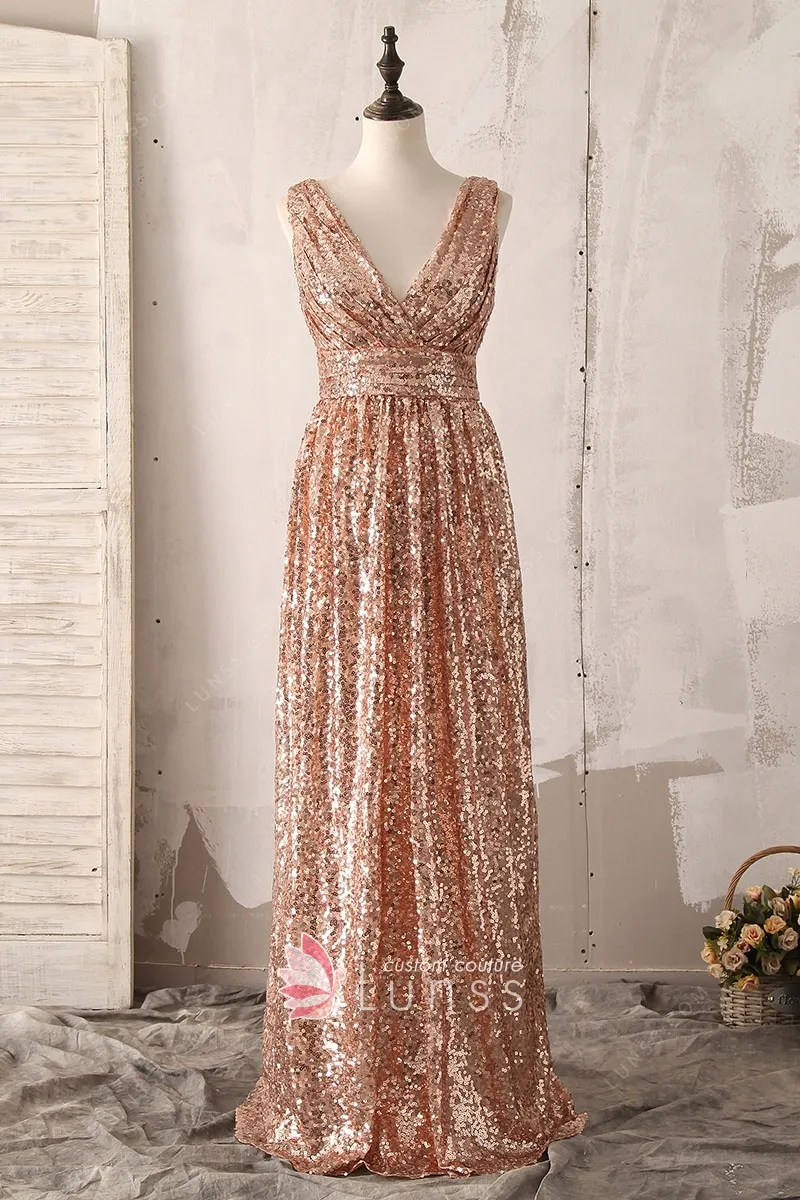Long Queen's Gown Chiffon Dress with Slit and V Neck Gold main image 0