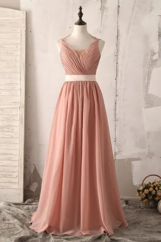 dusty peach pleated chiffon sheer back bridesmaid dress