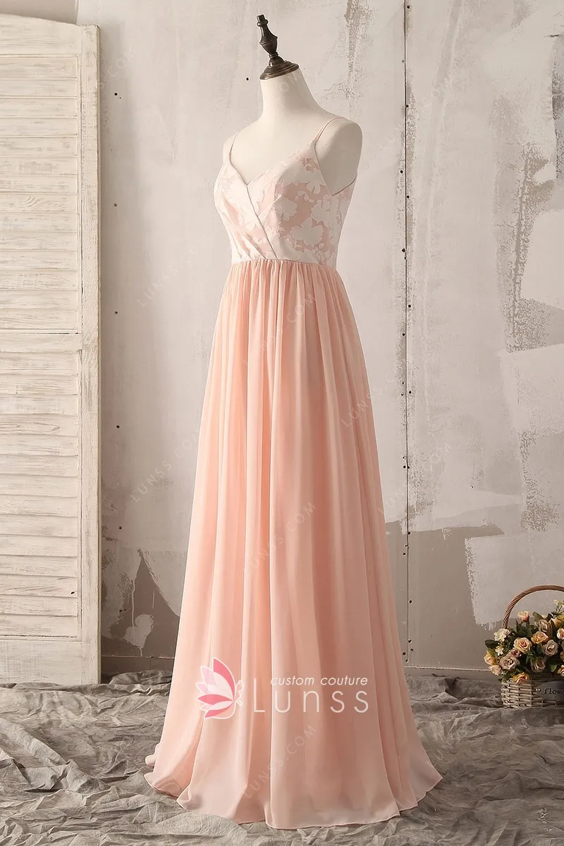 Floral Print Vneck Peach Chiffon Aline Bridesmaid Dress Lunss