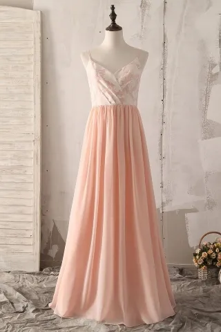 floral print v neck peach chiffon a line bridesmaid dress