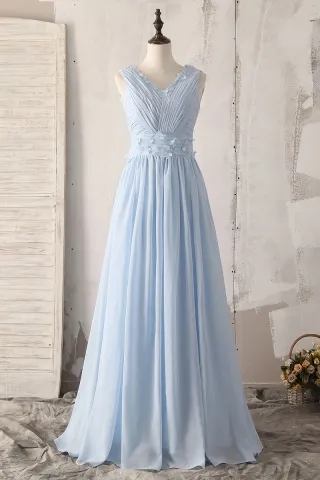 light blue chiffon petals pleated a line bridesmaid dress