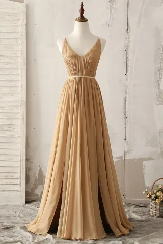camel chiffon pleated v neck slit a line bridesmaid dress