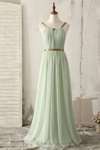 unique gold strap sage green chiffon bridesmaid dress