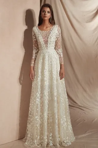 Fairy Pearl Beaded Leaf pattern Lace Sheer Prom Dress