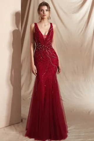 shiny beaded plunging v neck burgundy mermaid prom dress