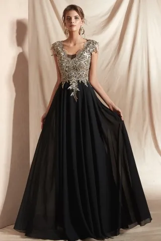 closed back red dress with gold lace appliques