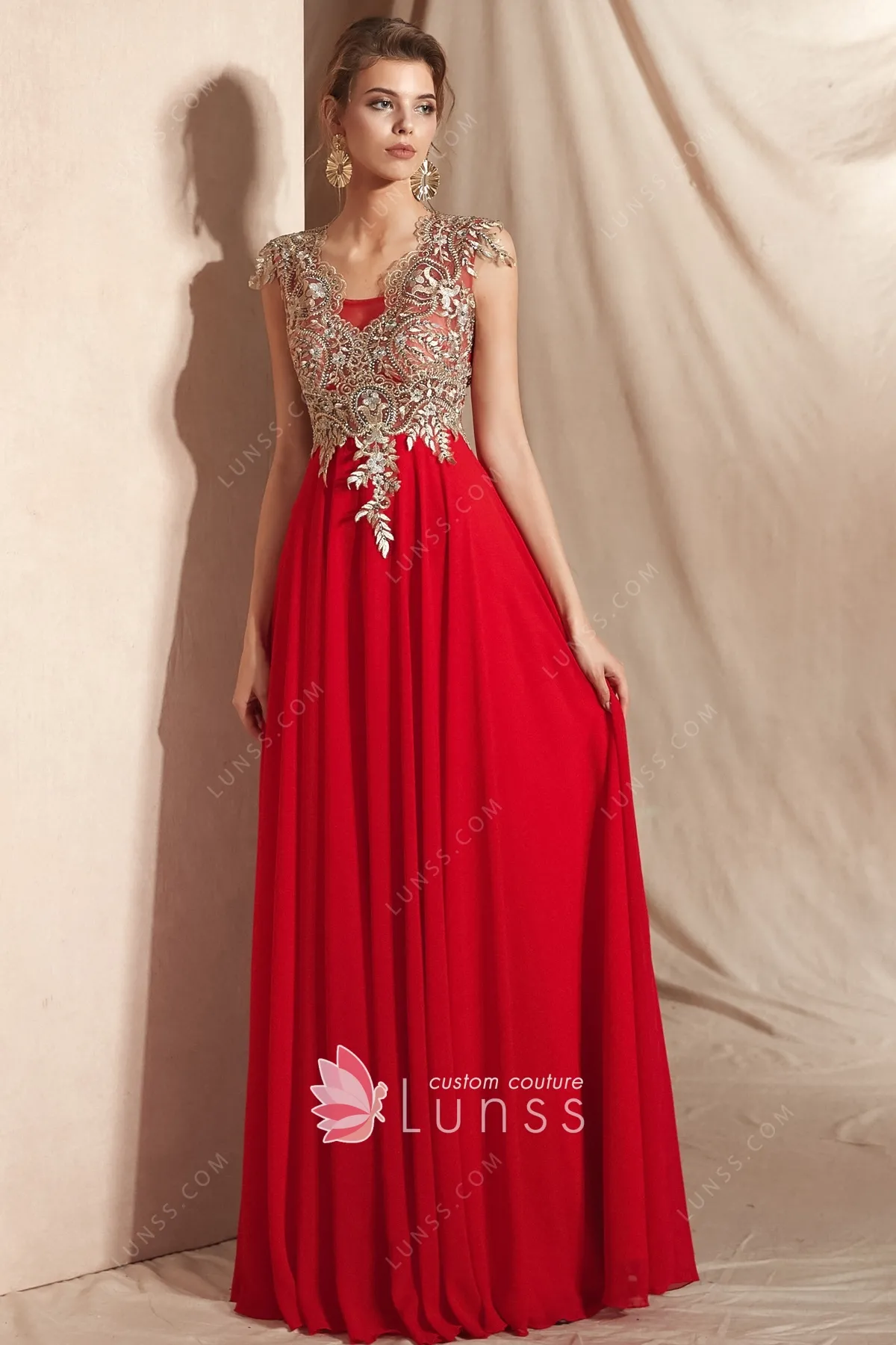 Shiny Vintage Beaded Chiffon Gold Long Prom Dress P3340 main image 1