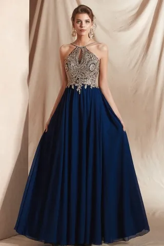 vintage halter sparkly gold lace dark blue prom dress