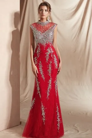 luxury beaded crystal red lace mermaid prom formal dress