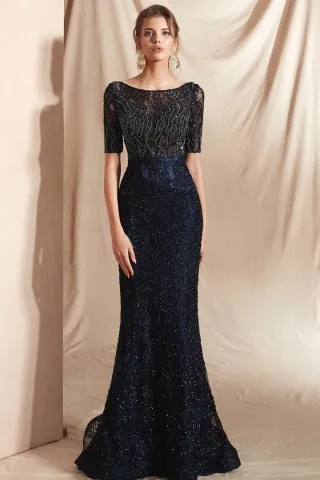 elegant half sleeve beading mermaid formal evening gown