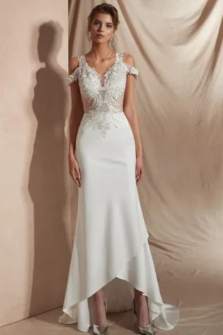ivory cold shoulder beaded satin high low prom dress