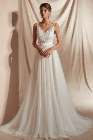 stunning v neck pearl beading tulle beach wedding dress