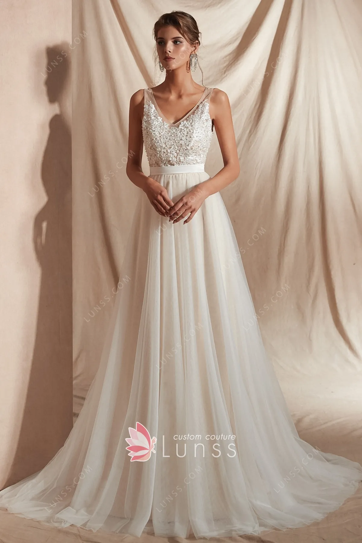 Stunning Vneck Pearl Beading Tulle Beach Wedding Dress Lunss