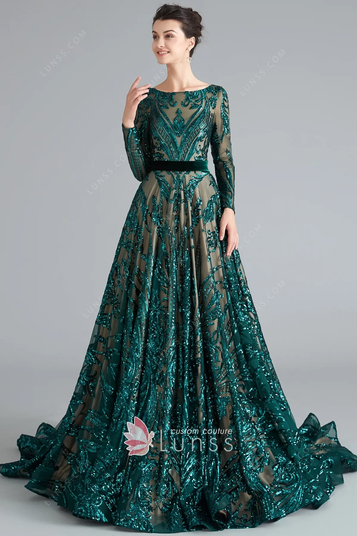Elegant Emerald Green Sequin Long Formal Dresses Sparkly Lunss
