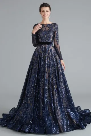 Gorgeous Sparkling Blue Sequin A-Line Elegant Chiffon Evening Dress Prom Dresses Ball Gown DP6167