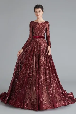 burgundy long sleeve sequin princess sparkly prom dress
