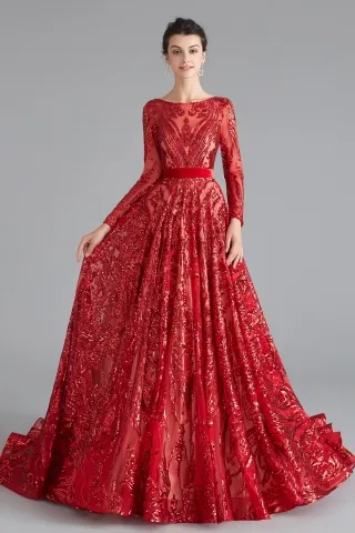 red sequin ball gown long sparkle prom dress