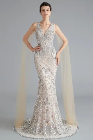 silver sequin nude tulle floor length long sleeve dress