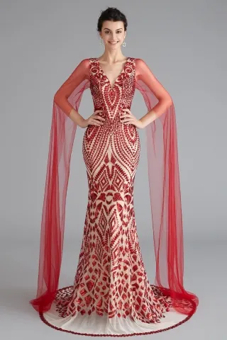 unique split long sleeve red sequin mermaid prom dress