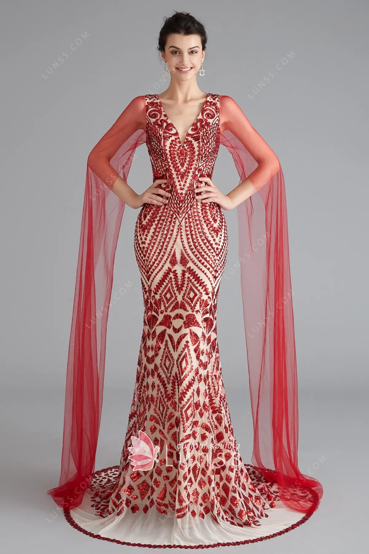 Abito da ballo a sirena con paillettes rosso a maniche lunghe unico con  spacco - Lunss