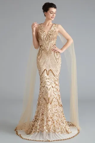 exclusive gold sequin tulle floor length sleeve prom gown
