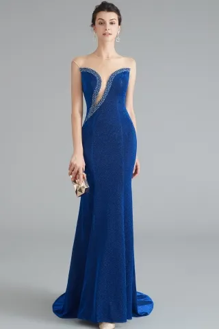 blue glitter sheer asymmetrical neck mermaid prom dress