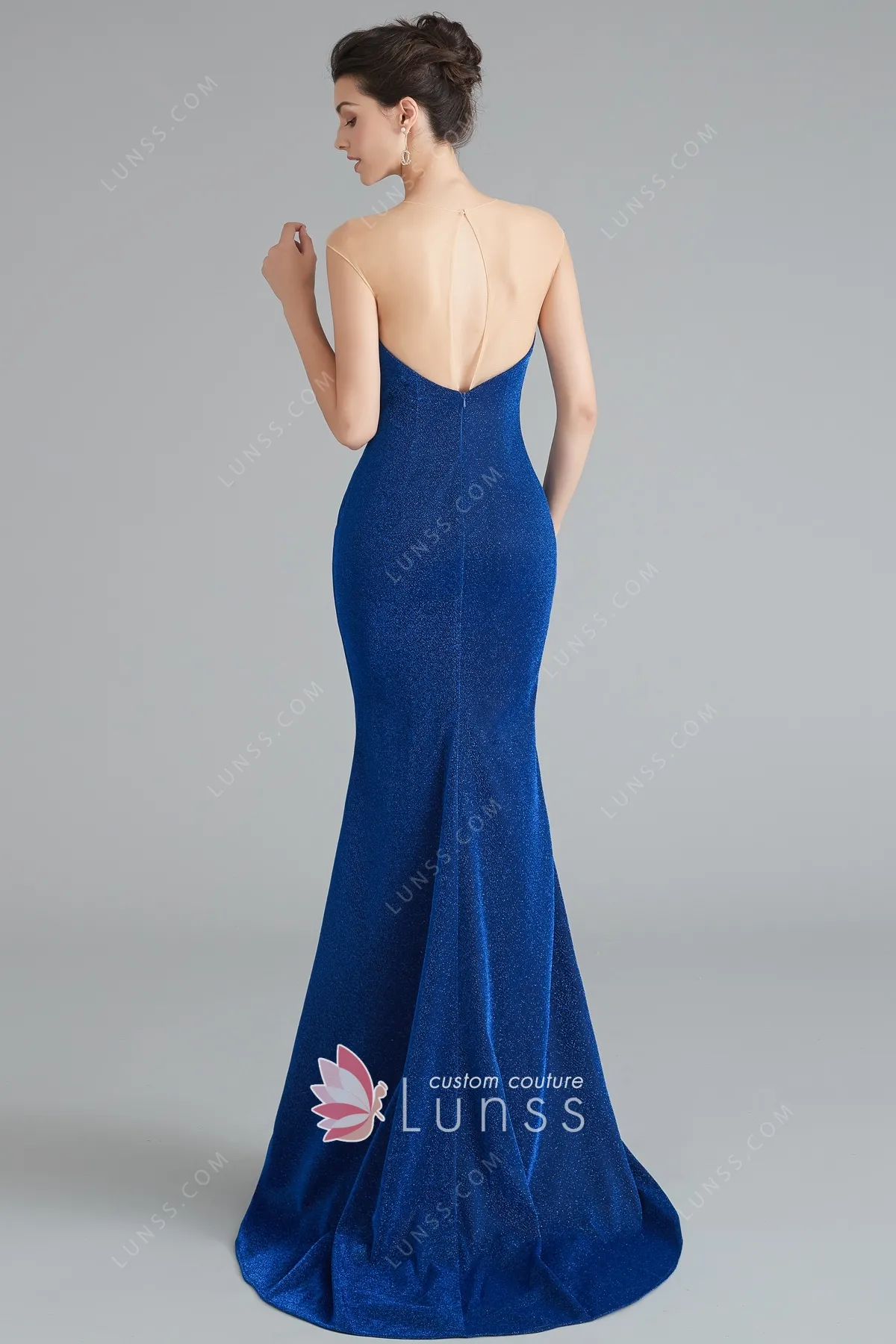 Blue Glitter Sheer Asymmetrical Neck Mermaid Prom Dress - Lunss