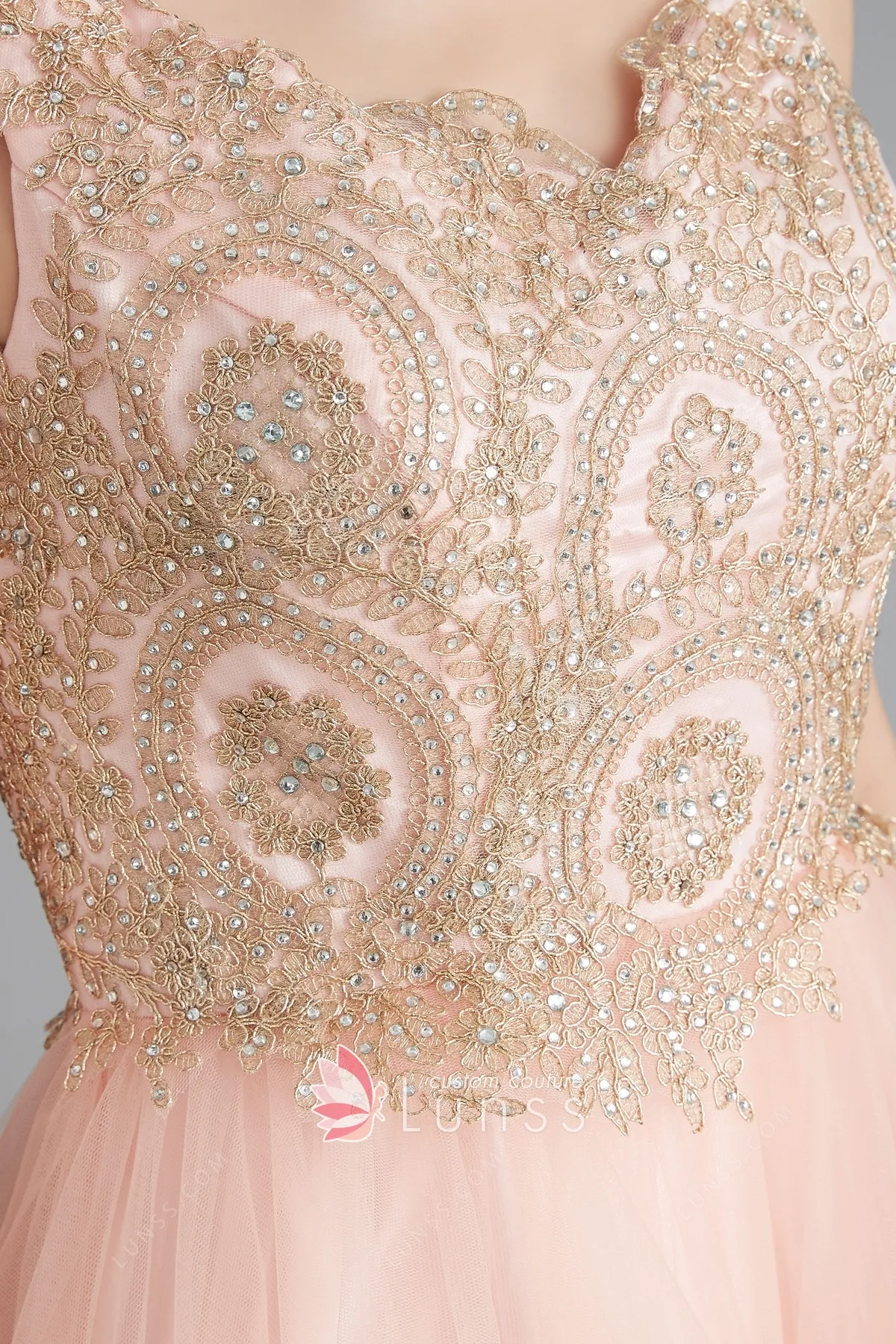 Peach Beaded Flower Lace & Tulle Long Flowy Prom Dress Lunss