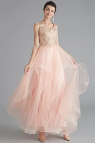 peach beaded flower lace prom dress