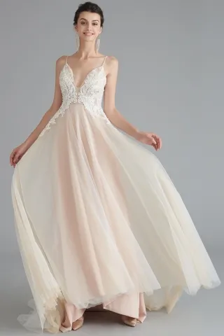 v neckline beaded lace nude tulle empire waist prom dress