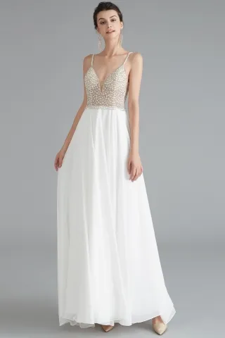 white pearls beaded v neck chiffon evening prom dress