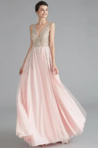 illusion leaf pattern beaded v neck pink formal dress