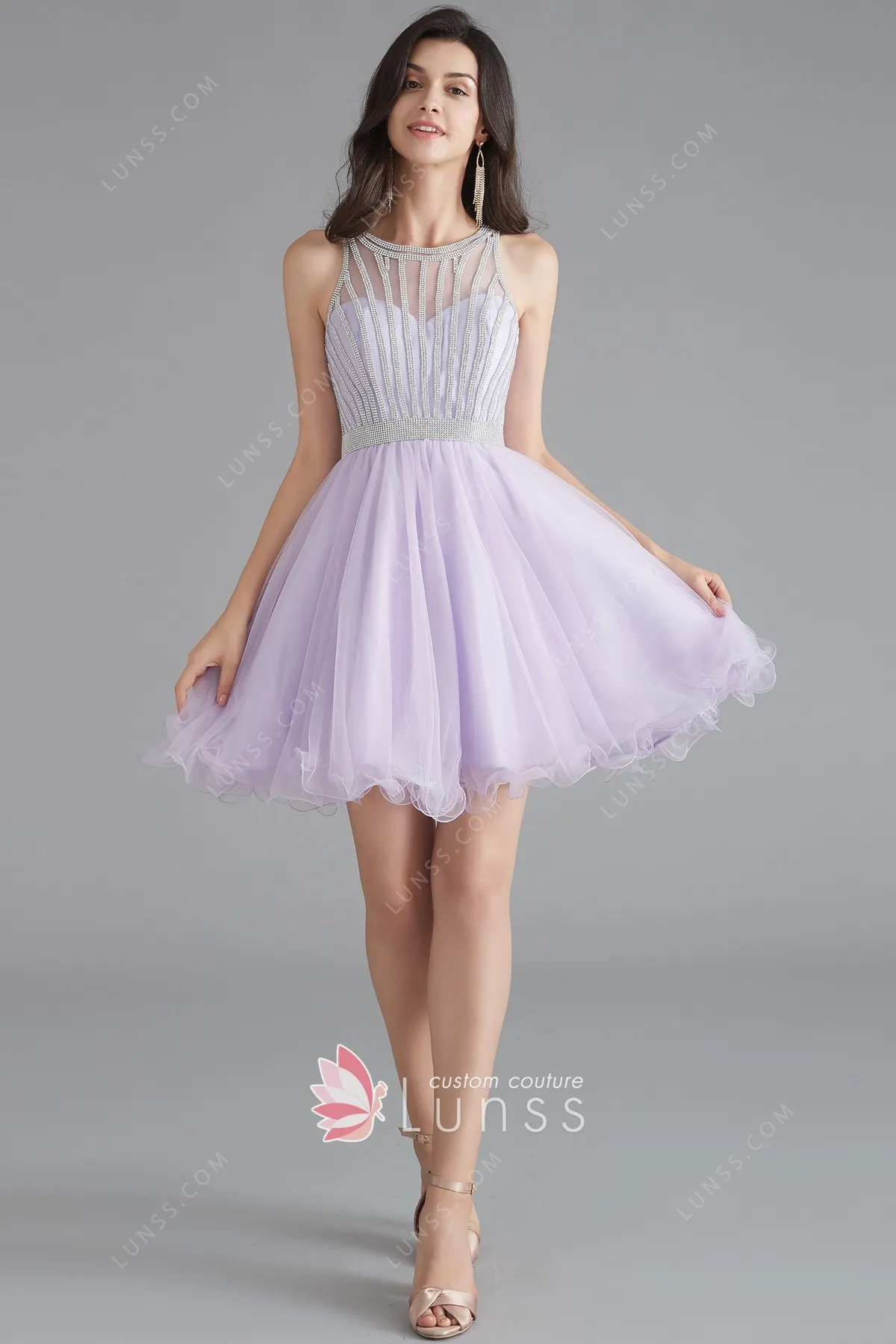 Lilac Pleated Side Slit Sweetheart Sleeveless Beaded Sheath Back Zipper Short Homecoming Dress