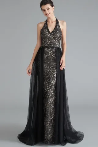 black lace halter evening dress with tulle overskirt