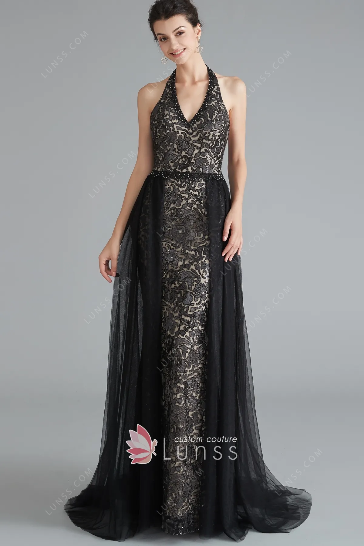Abito da sera con scollo all'americana in pizzo nero con sopragonna in  tulle - Lunss