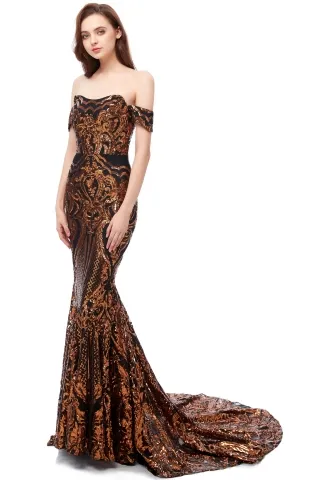 gold sequin black lining off shoulder mermaid prom dress