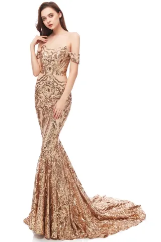 champagne gold sequin mermaid long prom dress