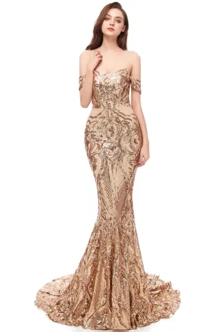off shoulder champagne gold sequin mermaid prom dress