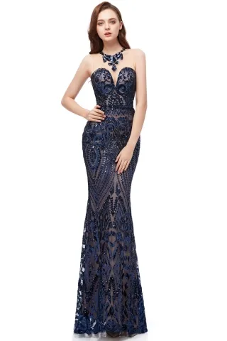 sparkly navy blue sequin illusion neck mermaid prom dress