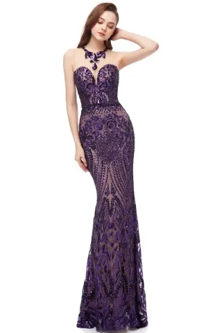 dazzling grape sequin illusion neck mermaid prom gown