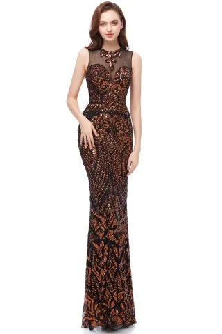 black gold sequin illusion neckline mermaid prom dress