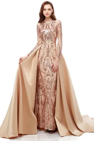 champagne gold sequin sleeved prom dress with overskirt