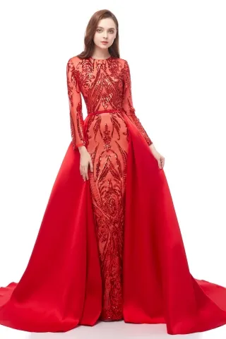 red sequin long sleeve porm dress with detachable train