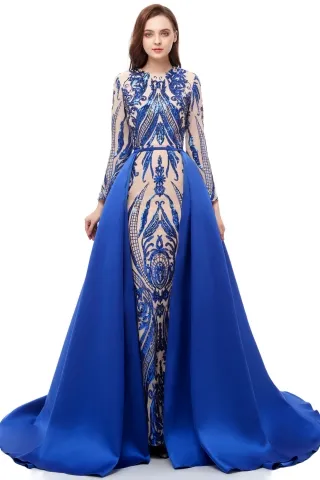 long sleeve royal blue sequin prom dress with overskirt
