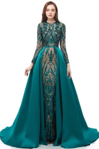unique emerald sequin mermaid prom gown with overskirt