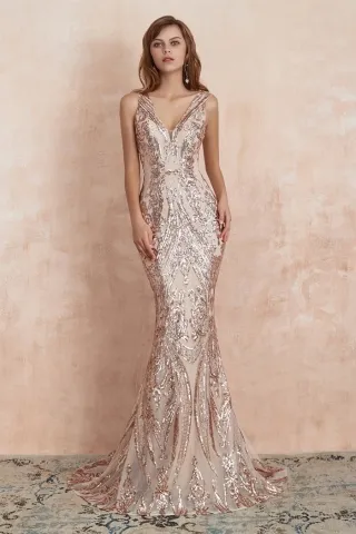 elegant champagne gold sequin v neck mermaid prom dress