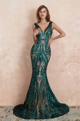 pretty forest green sequin v neck mermaid prom gown