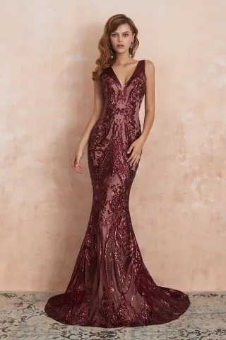 unique v neck mermaid maroon geometric sequin prom dress