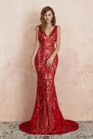 dazzling crimson red sequin mermaid prom dance dress